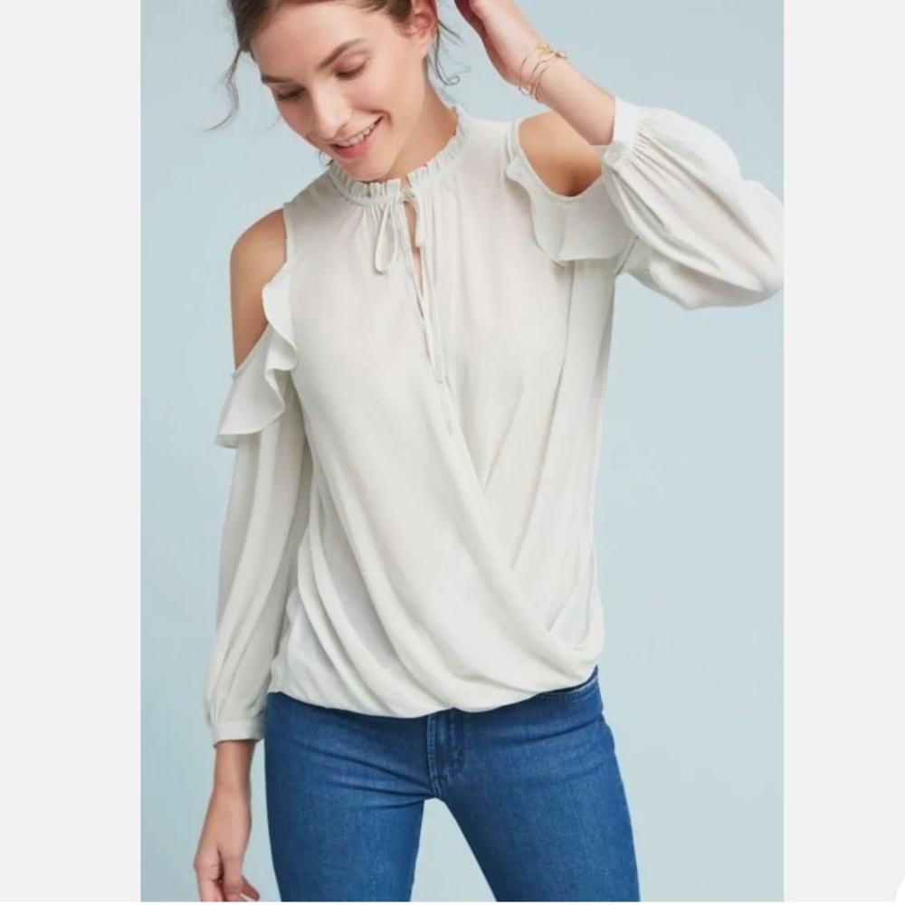Anthropologie Liesel Ruffled Blouse by Maeve MINT Open Shoulder in size small